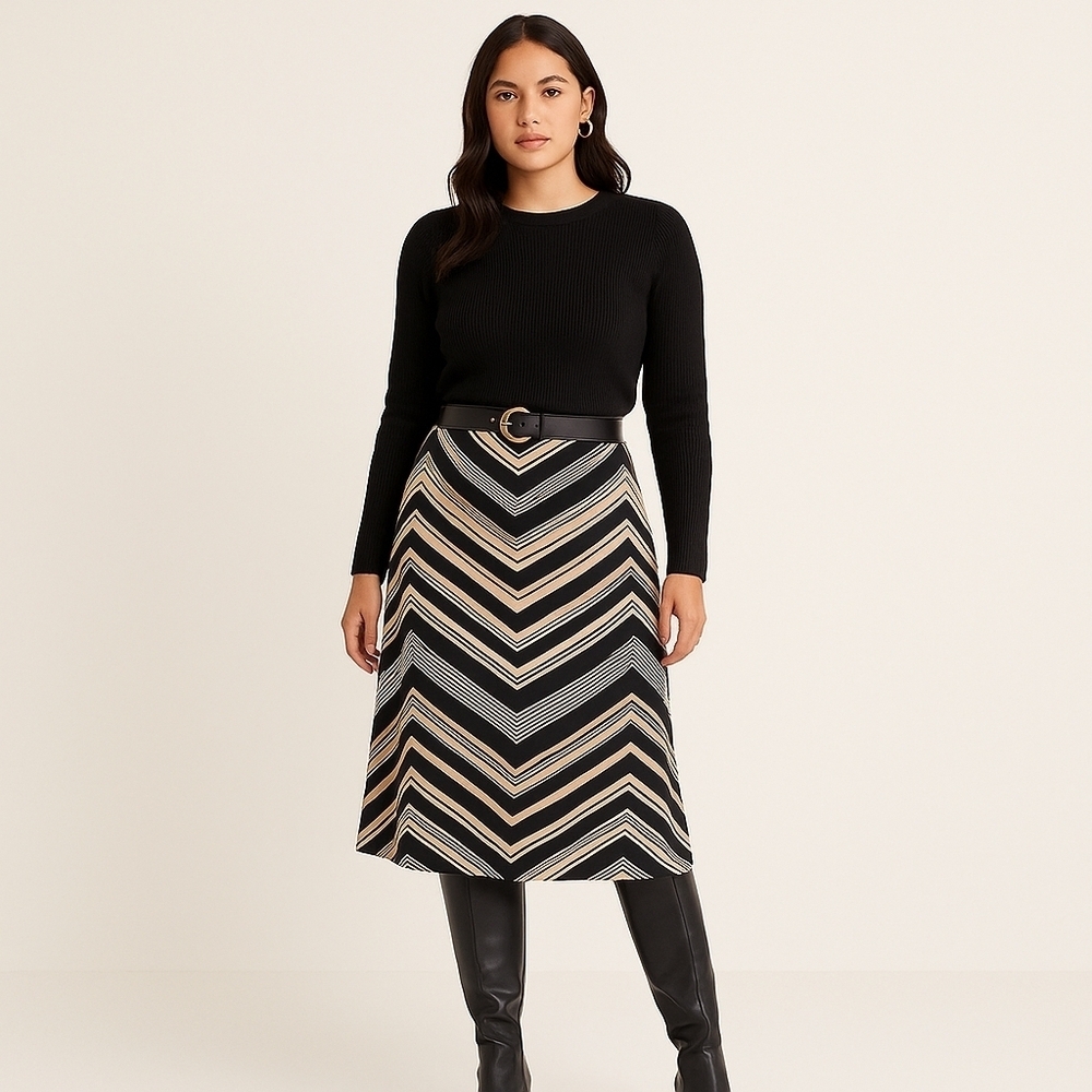 New York & Company Chevron High-Low Skirt Gold & Black Women’s Size L NWT